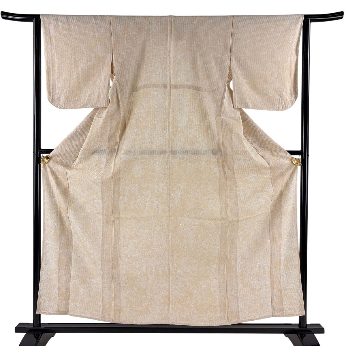 小紋 身丈157.5cm 裄丈63cm S 薄物 縦絽 花車 芝 ベージュ 正絹 秀品 【中古】