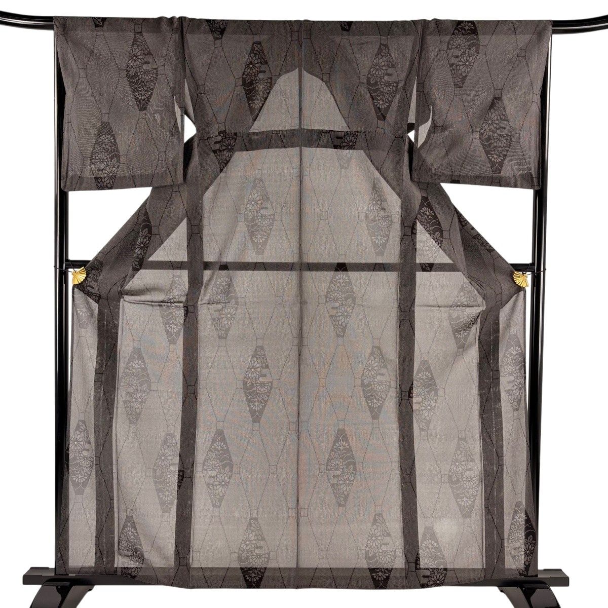 【美品】 紬 身丈162cm 裄丈67cm M 薄物 夏紬地 立涌 菊 墨色 正絹 秀品 【中古】