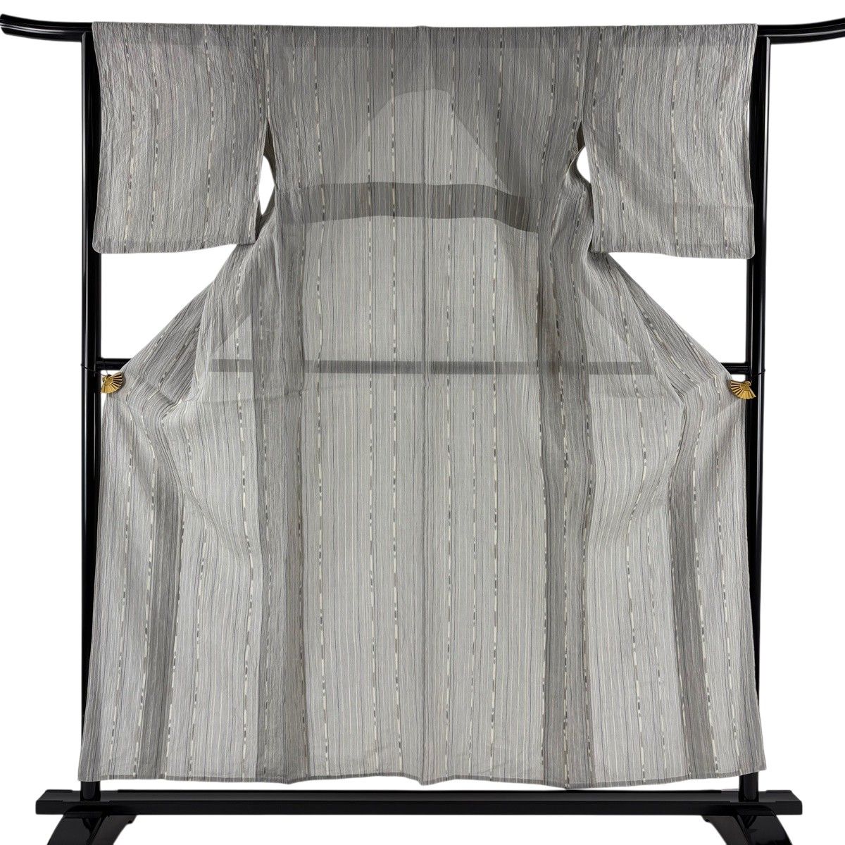 紬 身丈156cm 裄丈64cm M 薄物 縦縞 灰色 麻 秀品 【中古】 8,850円