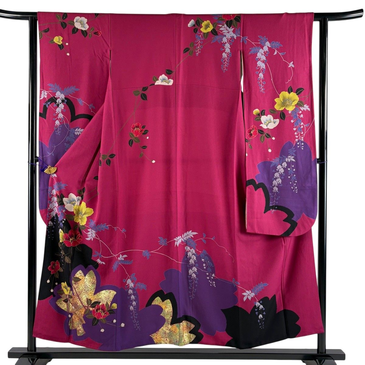 振袖 身丈154cm 裄丈62cm S 袷 桜 枝花 金彩 赤紫 正絹 秀品 【中古】