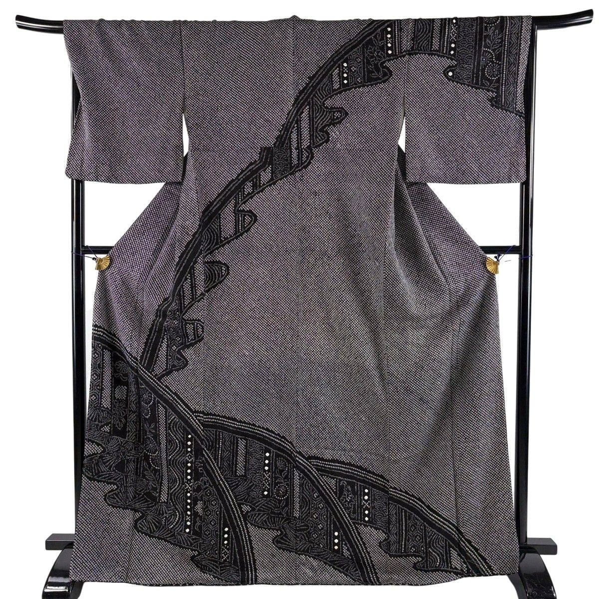 訪問着 身丈168.5cm 裄丈68cm L 袷 菊 流水 絞り 黒灰 正絹 秀品 【中古】 6,958円