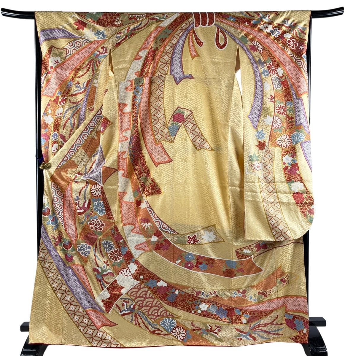 【美品】 振袖 身丈169.5cm 裄丈66cm M 袷 束ね熨斗 花鳥 金彩 ベージュ 正絹 秀品 【中古】