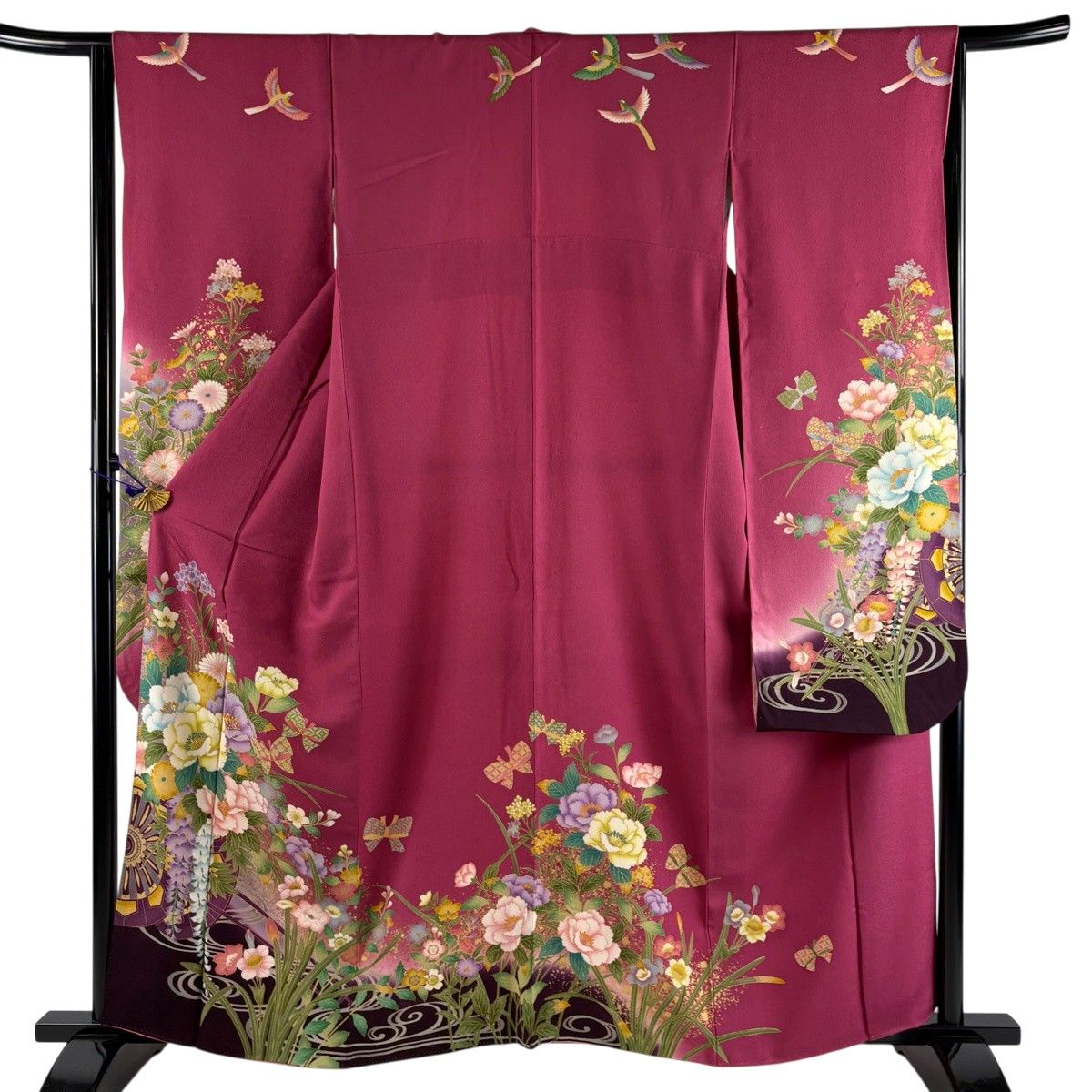 振袖 身丈160cm 裄丈64cm M 袷 花車 牡丹 金彩 箔 濃ピンク 正絹 秀品