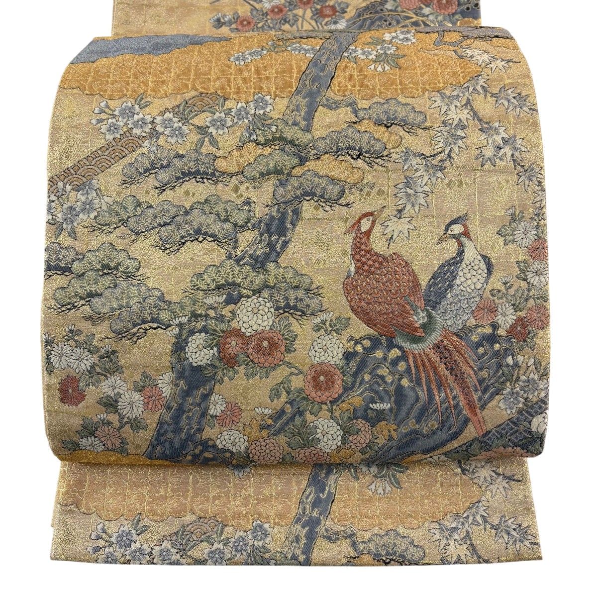 【美品】 袋帯 秀品 雲文 花鳥 金糸 箔 金色 お太鼓柄 正絹 【中古】