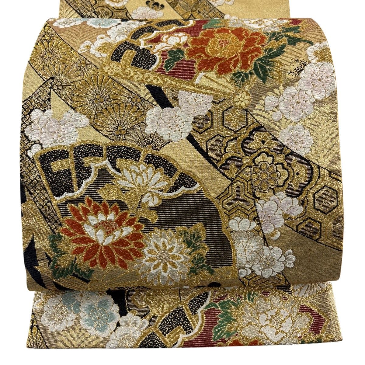 【美品】 袋帯 秀品 檜扇 熨斗 金銀糸 箔 金色 六通 正絹 【中古】