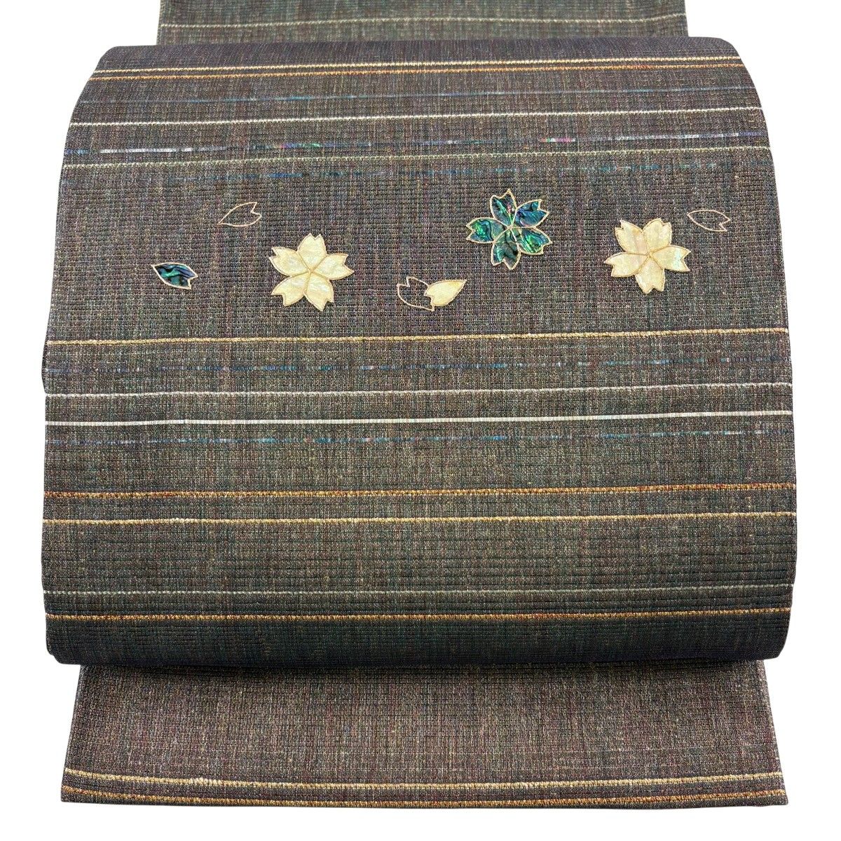 【美品】 袋帯 秀品 ますいわ屋 桜 縞 螺鈿 金銀糸 金茶 お太鼓柄 正絹 【中古】