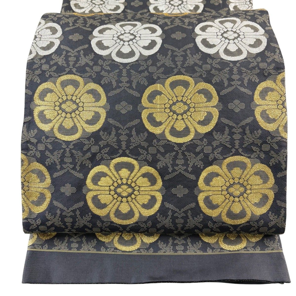 【美品】 袋帯 秀品 花 鳥 箔 灰色 全通 正絹 【中古】