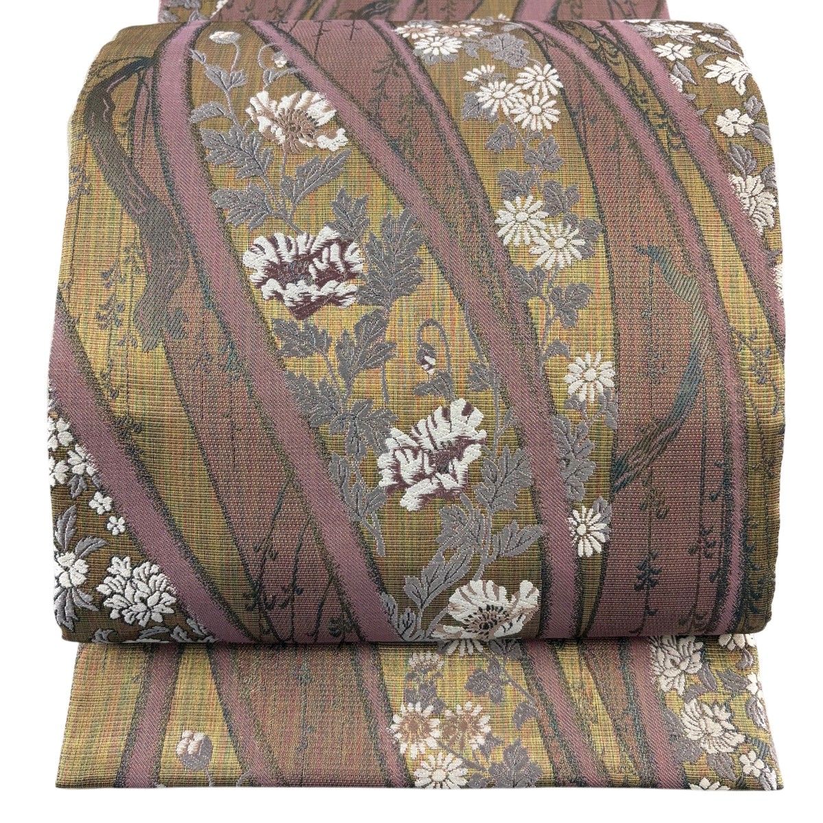 【美品】 袋帯 秀品 菊 柳 金糸 ピンク 六通 正絹 【中古】