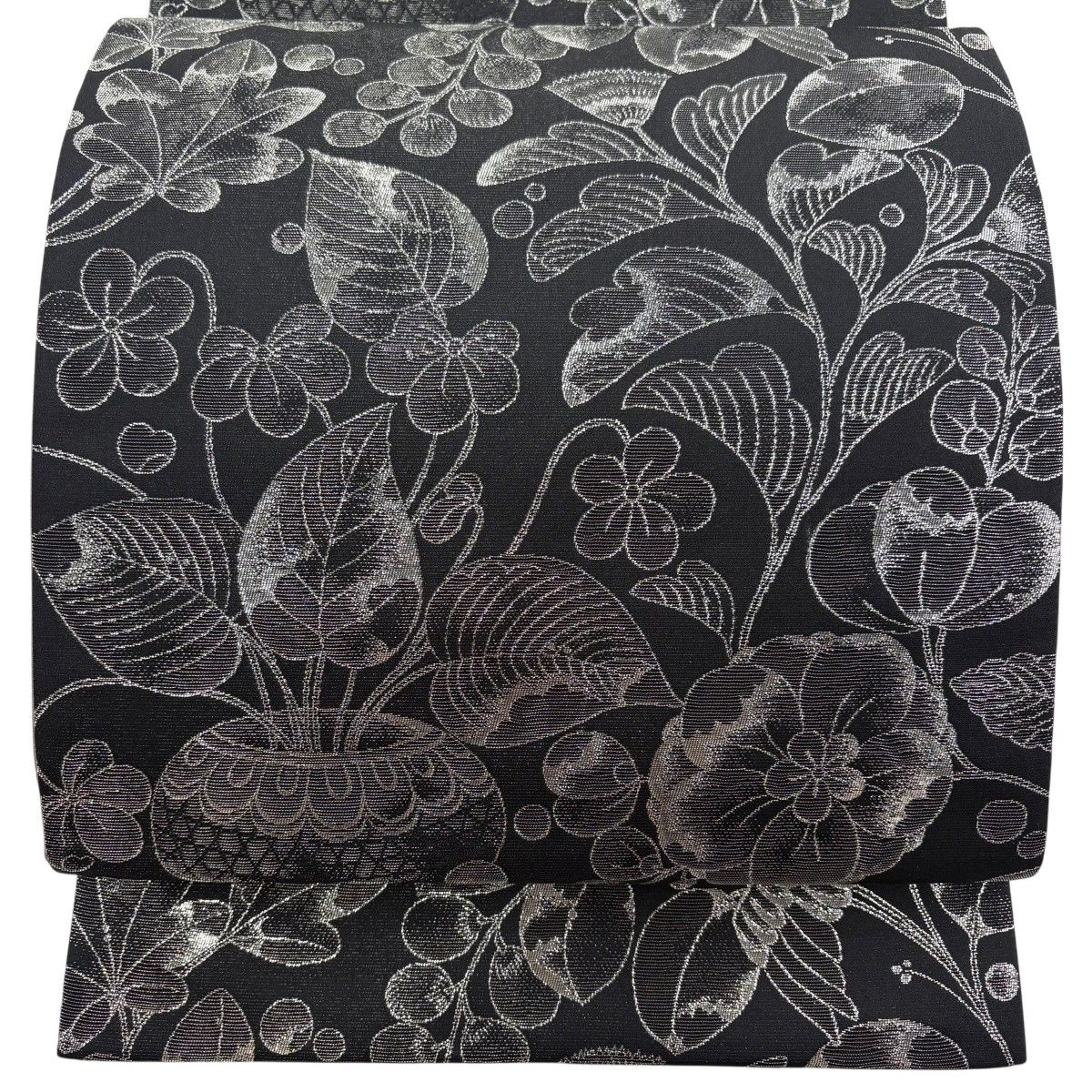 【美品】 袋帯 秀品 鳥 草花 箔 銀糸 黒 六通 正絹 【中古】