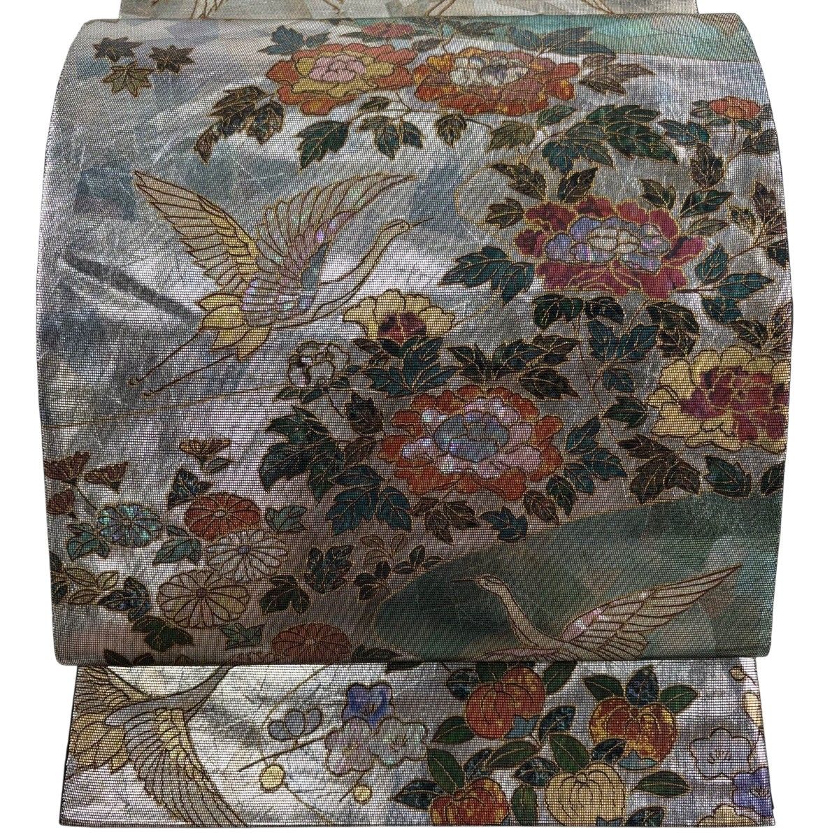 【美品】 袋帯 秀品 草花 鳥 箔 螺鈿箔 銀色 お太鼓柄 正絹 【中古】