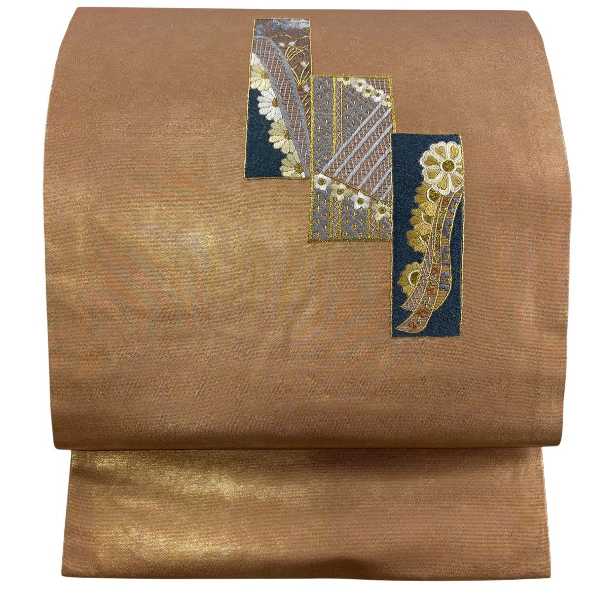 【美品】 名古屋帯 秀品 短冊 草花 金糸 箔 金色 正絹 【中古】