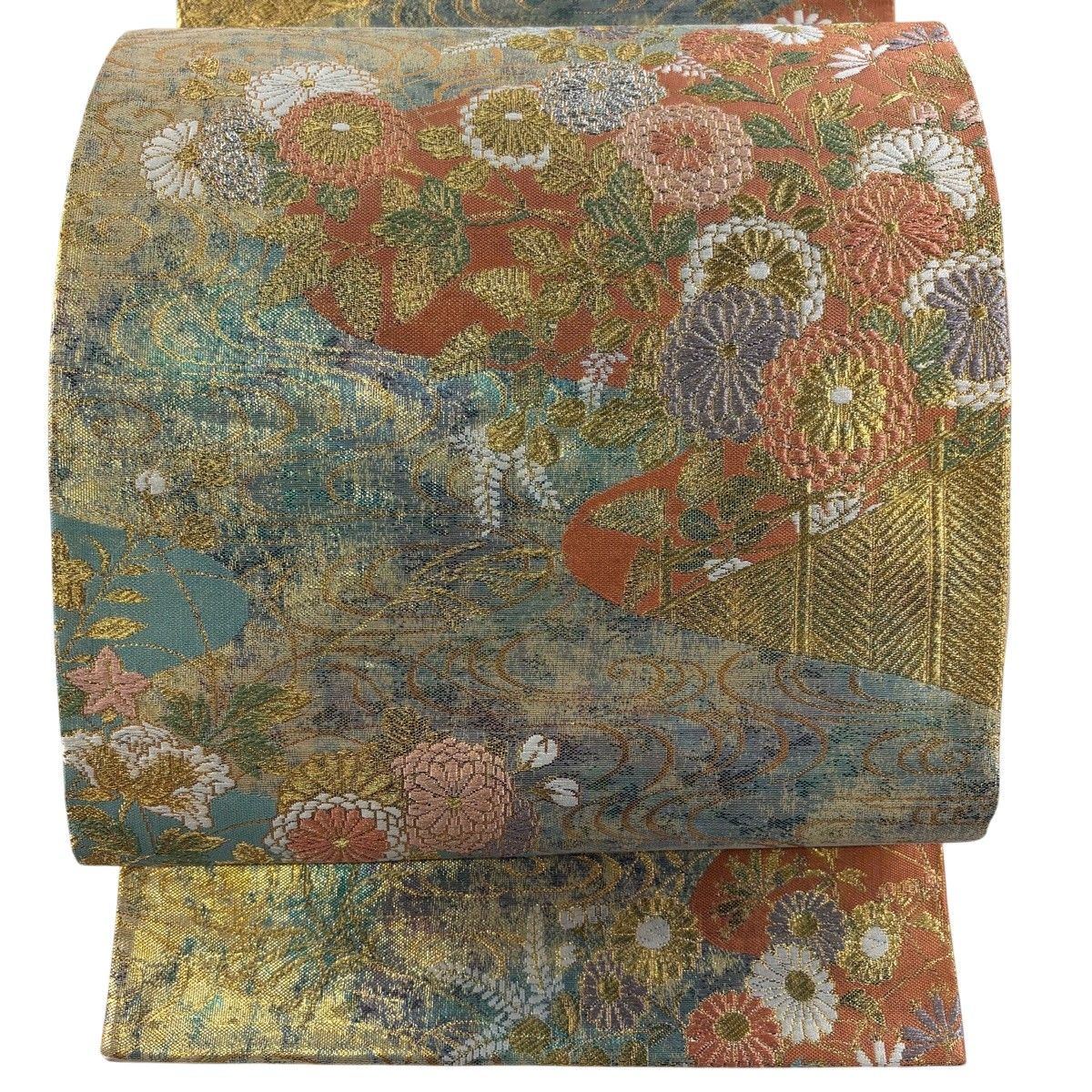 【美品】 袋帯 秀品 菊 流水 金糸 箔 灰緑 六通 正絹 【中古】
