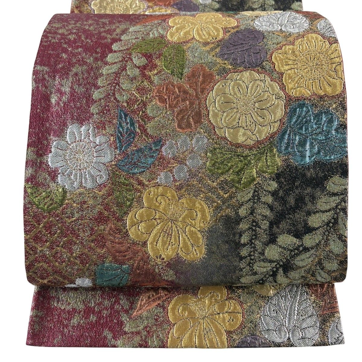 【美品】 袋帯 秀品 辻が花柄 金銀糸 箔 えんじ色 六通 正絹 【中古】