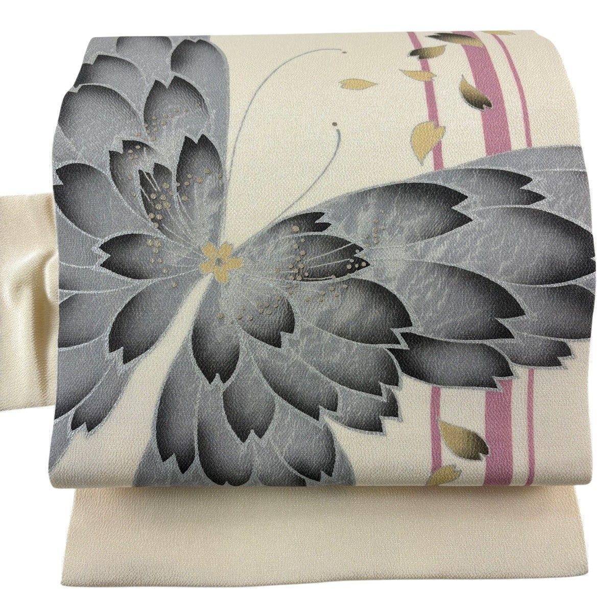 【美品】 名古屋帯 秀品 花びら 蝶 銀彩 ベージュ 正絹 【中古】
