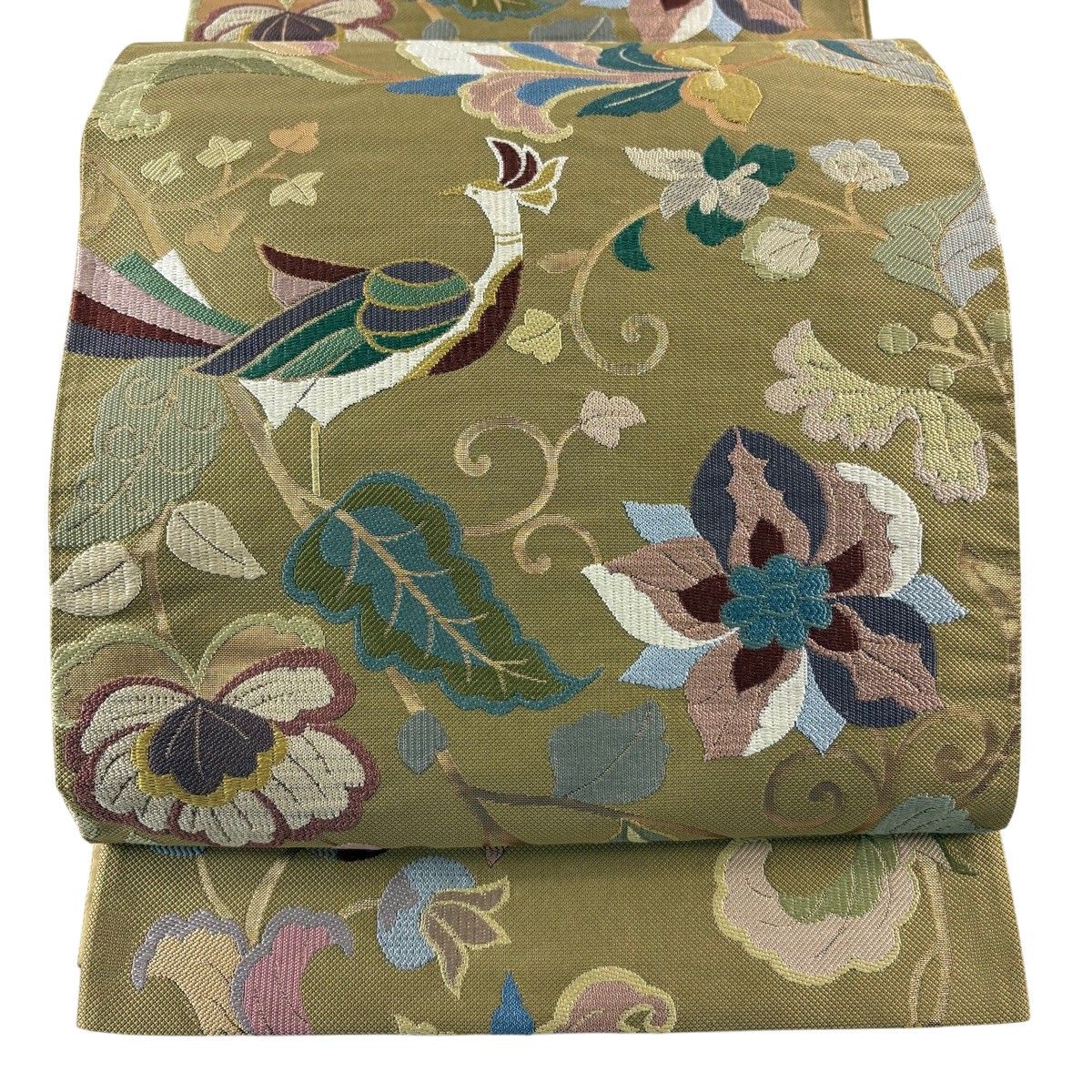 【美品】 袋帯 秀品 鳥 草花 箔 薄茶色 六通 正絹 【中古】