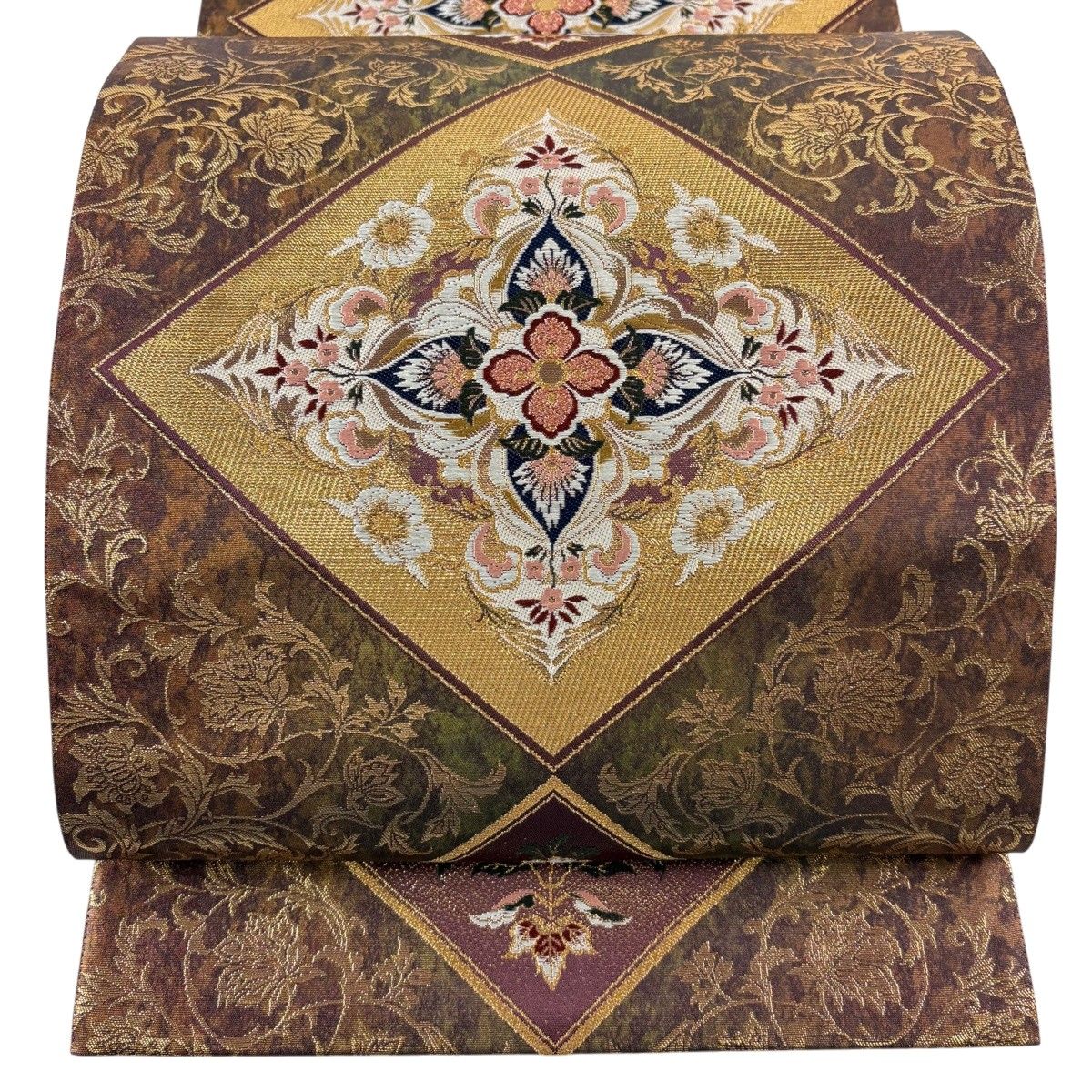 【美品】 袋帯 秀品 花菱 草花 金糸 箔 茶色 六通 正絹 【中古】