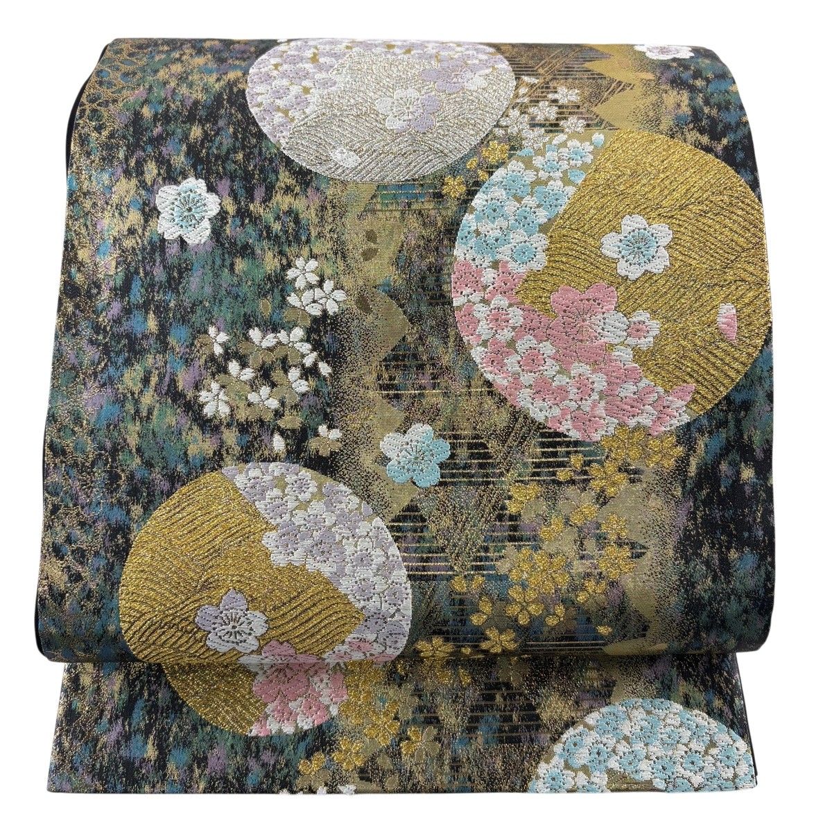 【美品】 袋帯 秀品 桜 波 金銀糸 箔 黒 六通 正絹 【中古】
