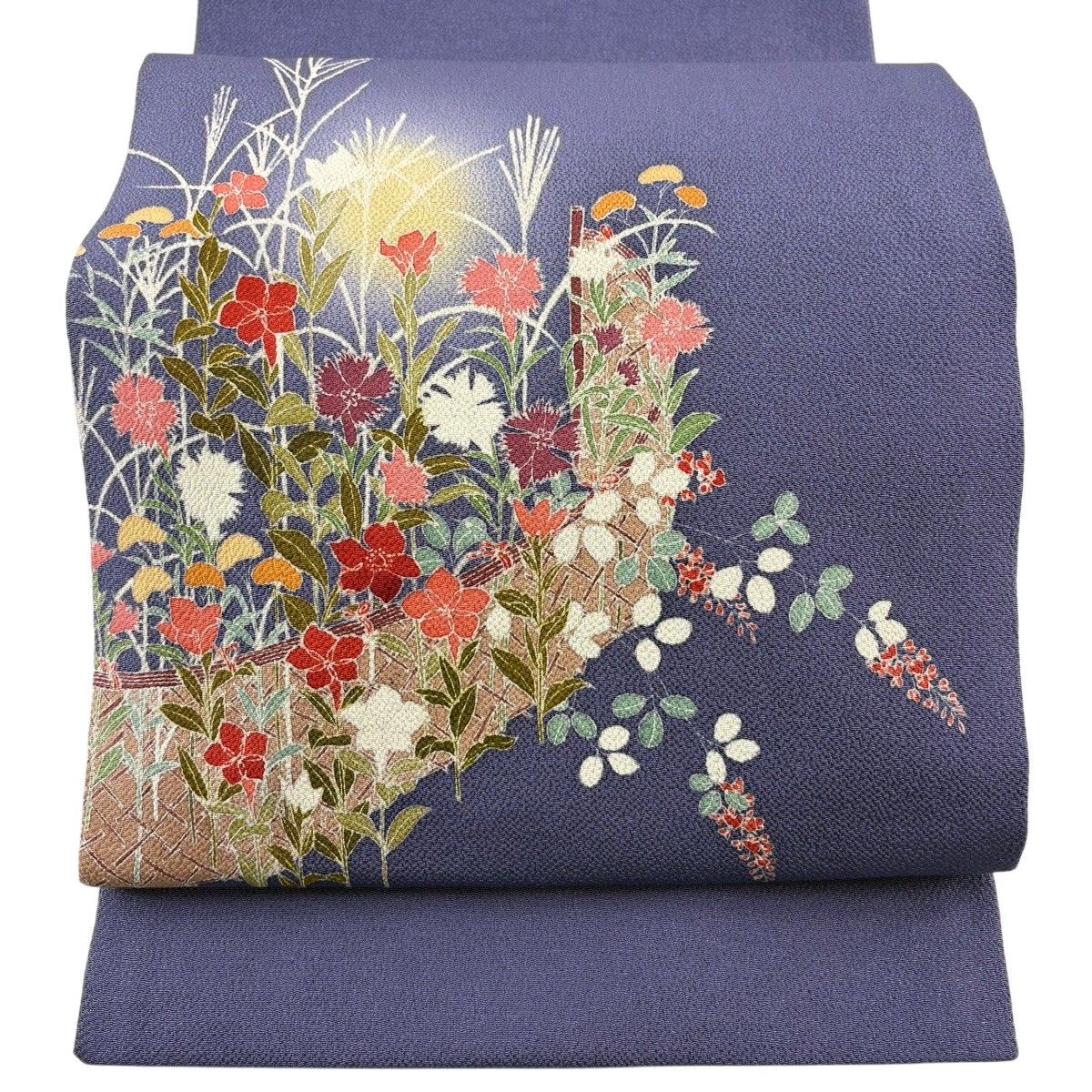 【美品】 開き名古屋帯 秀品 秋草 縮緬 紫 正絹 【中古】