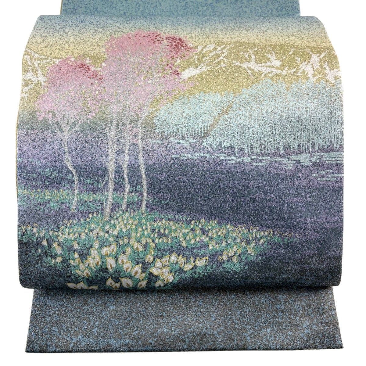 【美品】 袋帯 秀品 風景 樹木 銀糸 灰緑 お太鼓柄 正絹 【中古】