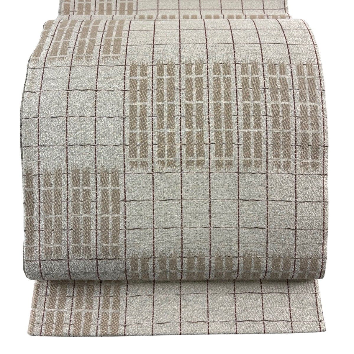 【美品】 袋帯 秀品 格子 幾何学 ベージュ 全通 正絹 【中古】