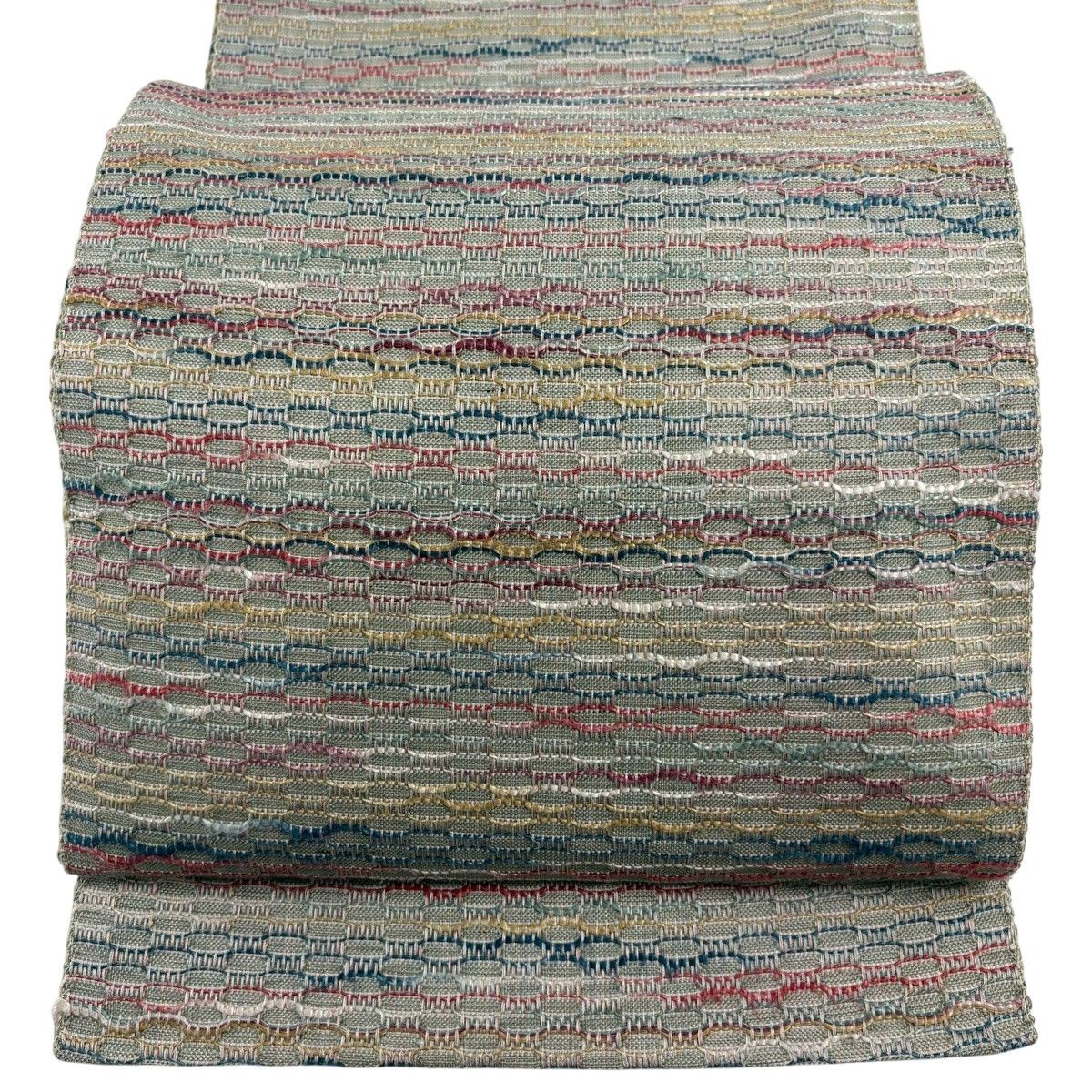 名古屋帯 秀品 八寸名古屋帯 トンネル仕立て 幾何学模様 刺繍 灰緑 正絹 【中古】