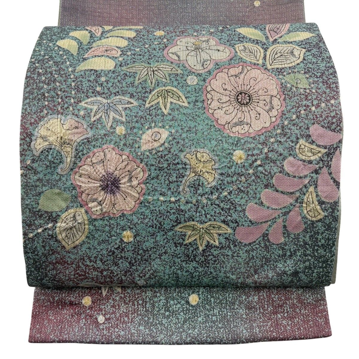 【美品】 袋帯 秀品 落款 草花 笹 金糸 ぼかし 薄緑 お太鼓柄 正絹 【中古】