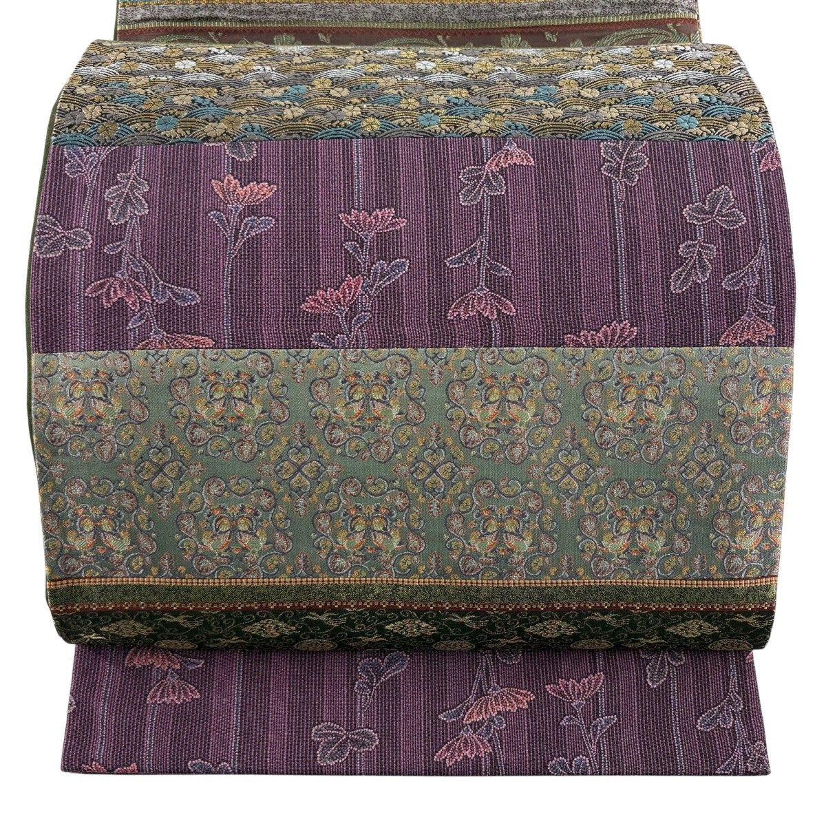 【美品】 袋帯 秀品 向かい鳥 草花 金銀糸 刺繍 灰緑 全通 正絹 【中古】
