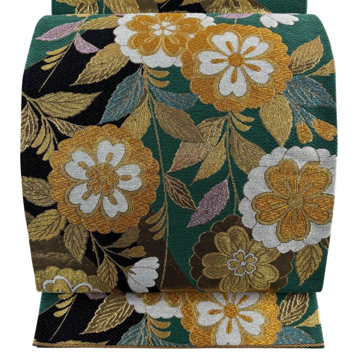 【美品】 袋帯 秀品 優美華彩文 振袖向き 枝垂れ桜 金糸 箔 緑 六通 正絹 【中古】
