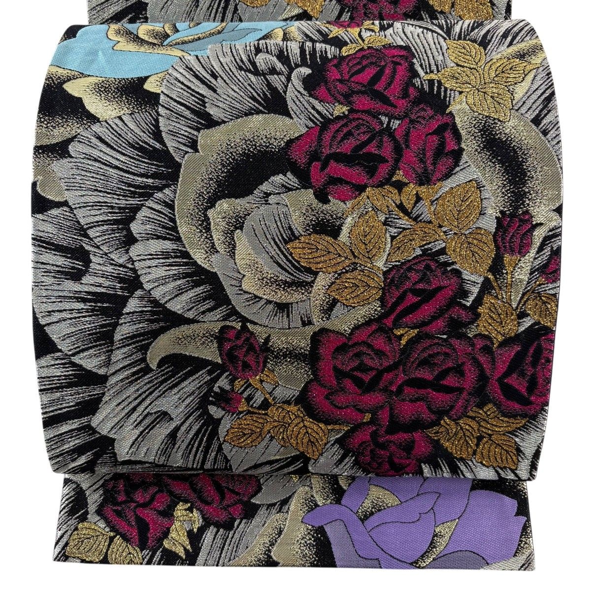 【美品】 袋帯 秀品 振袖向き 薔薇 箔 銀色 六通 正絹 【中古】