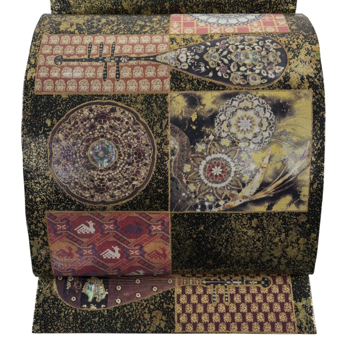 【美品】 袋帯 秀品 和楽器 鏡裏文 螺鈿箔 箔 黒 お太鼓柄 正絹 【中古】