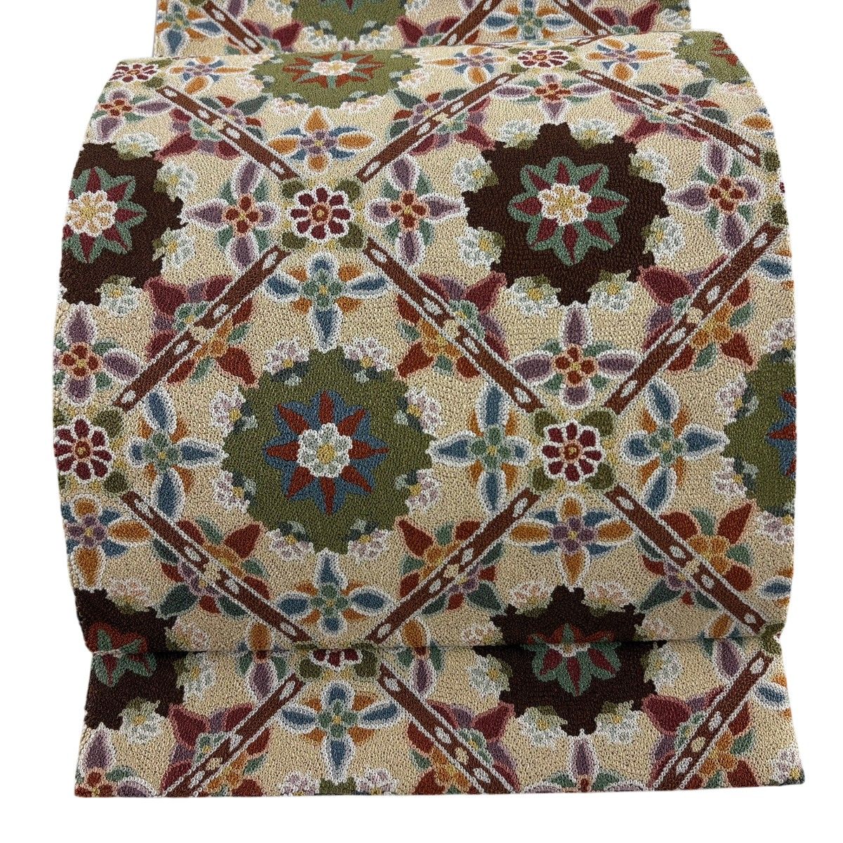 【美品】 袋帯 逸品 華文 斜め格子 相良刺繍 ベージュ 六通 正絹 【中古】
