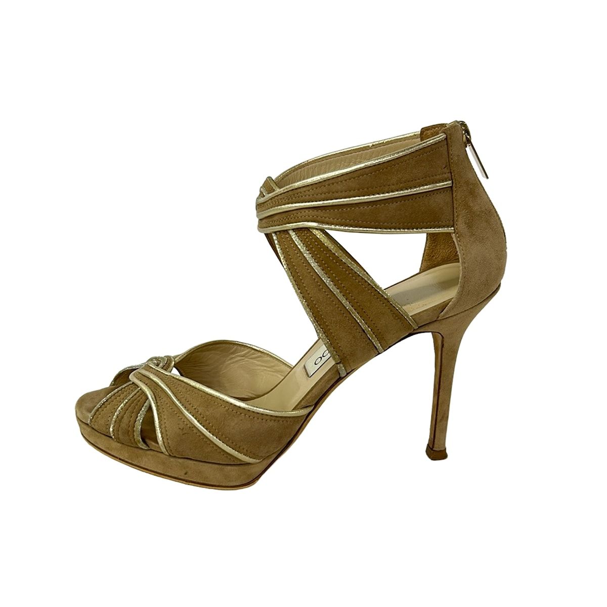 JIMMY CHOO(ジミーチュウ) サンダル 38 1/2 レディース - ベージュ×ゴールド ピンヒール/バックジップ
