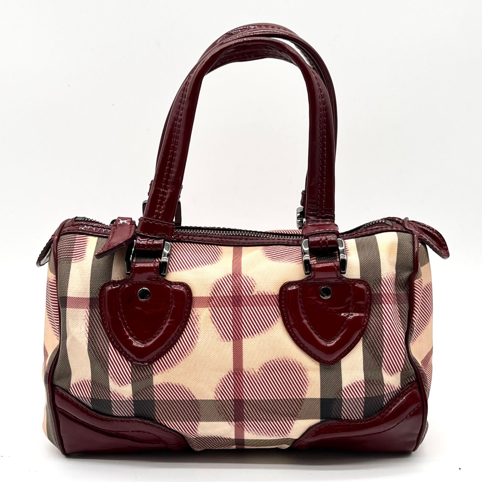 Burberry バーバリー ノヴァチェック ハートモチーフ ミニボストンバッグ ハンドバッグ PVC レッド