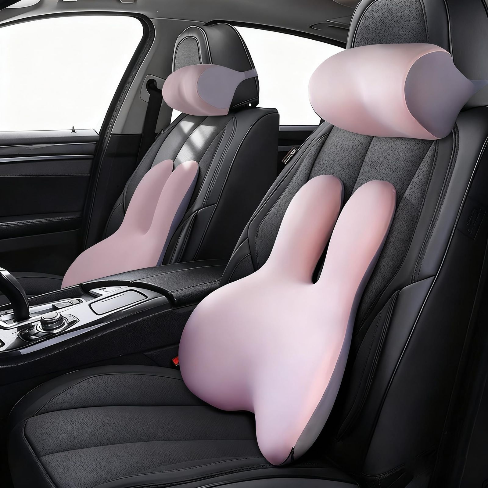 R◆車 腰痛クッション ヘッドレスト 低反発 ランバーサポート ネックパッド 人間工学 腰サポート 体圧分散 通気性 かわいいリラックスクッション 取付バンド 洗濯可能 調節可能 長時間運転 使用場所 車中/オフィス/自宅/プレゼント用（ピン 25c31cf1
