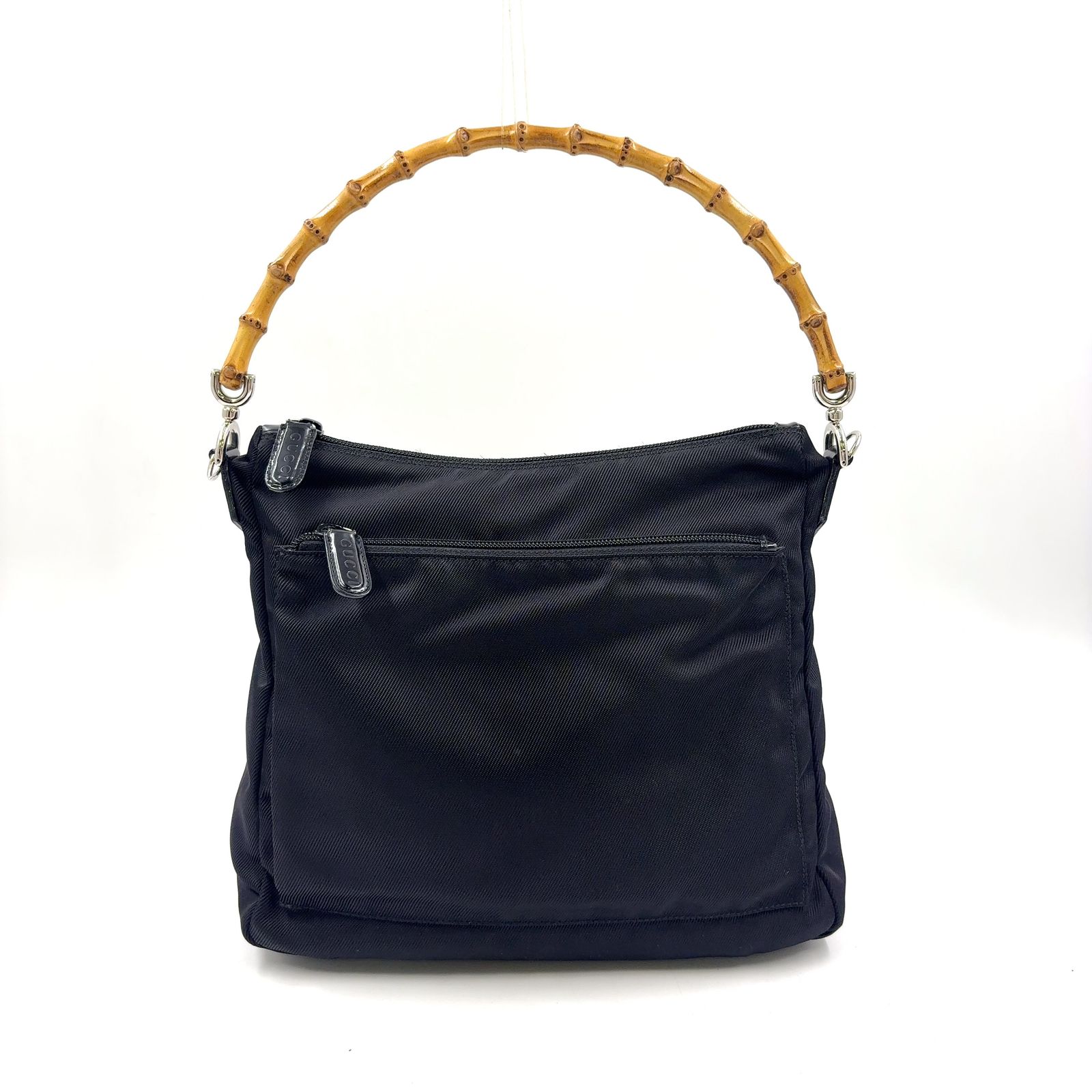【新着】GUCCI バンブー レザー、キャンバス ブラック ハンドバッグ シルバー 0002058