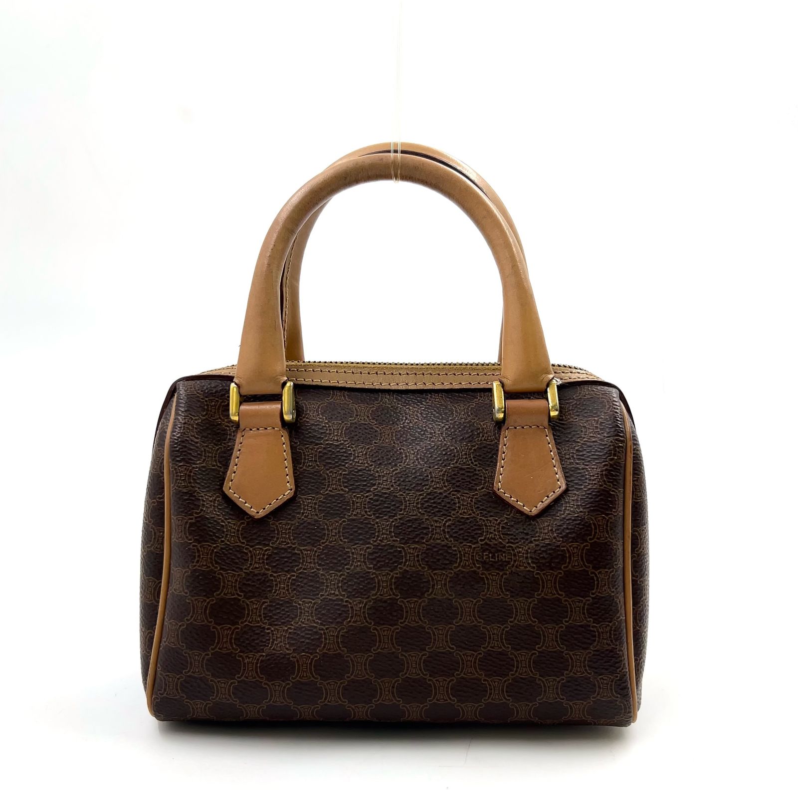 【新着】CELINE マカダム柄 ミニボストン レザー ブラウン ハンドバッグ ゴールド