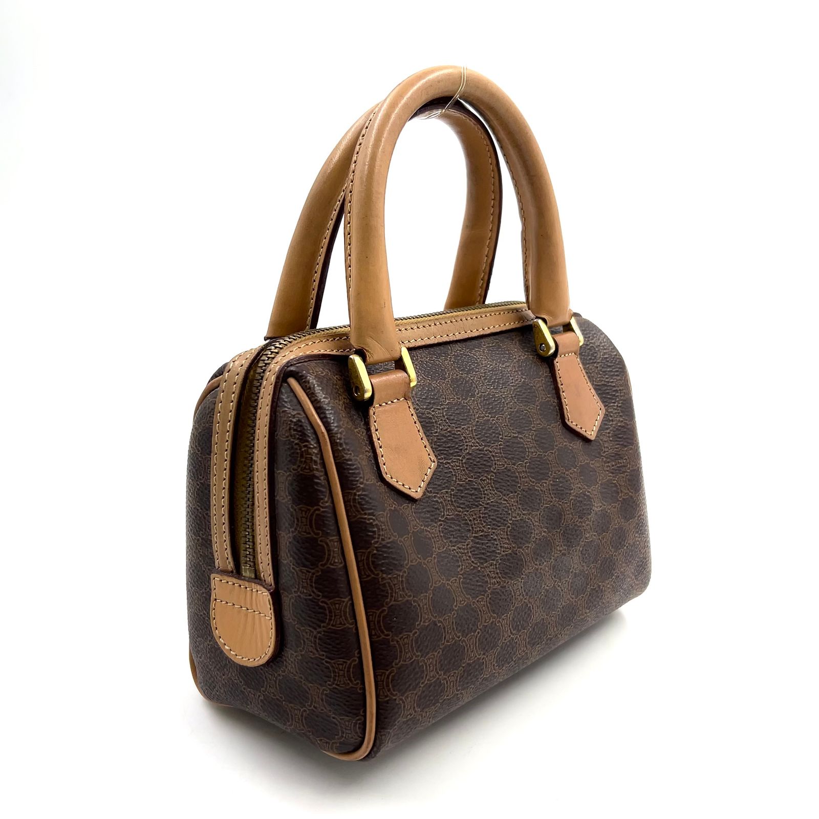 CELINE マカダム柄 ミニボストン レザー ブラウン ハンドバッグ