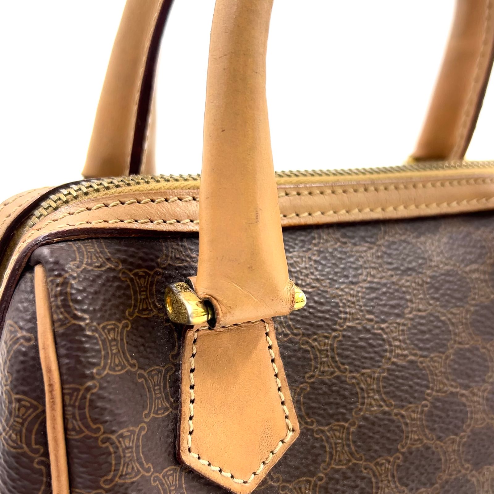 CELINE マカダム柄 ミニボストン レザー ブラウン ハンドバッグ