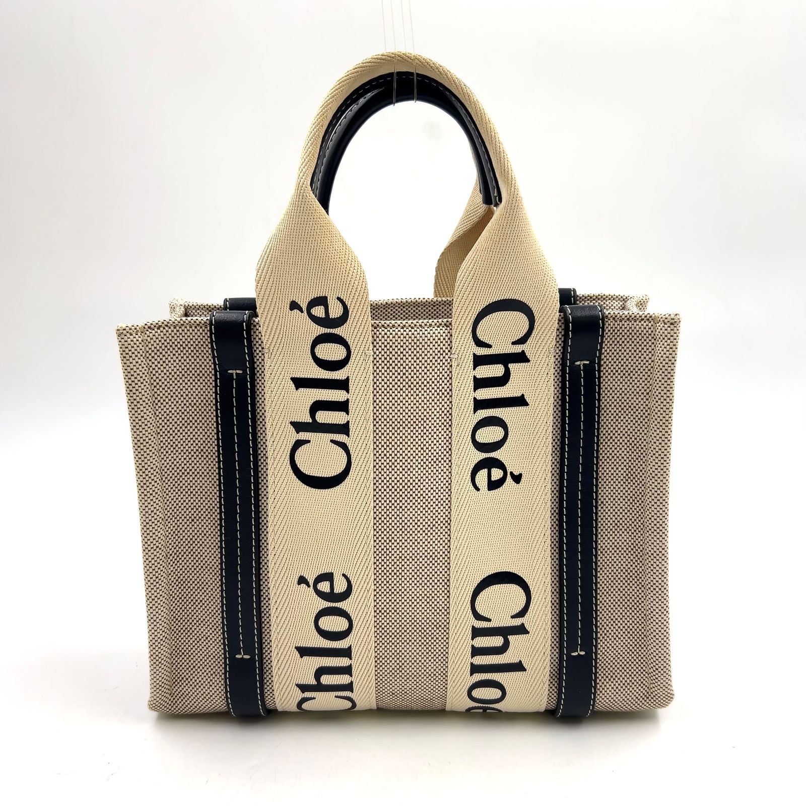 【新着】Chloe ウッディ スモール レザー、キャンバス ブラック、ベージュ ハンドバッグ