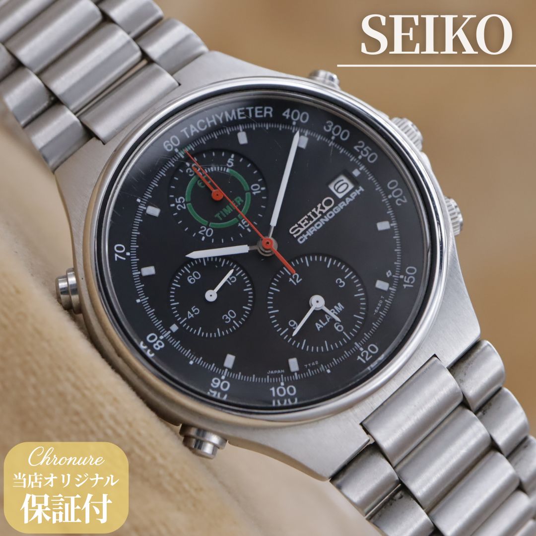セイコー 7T42-6A10 SEIKO CHRONOGRAPH クロノグラフ ブラック メタル シルバー クォーツ メンズ 37.5mm 1992年製 電池交換済 【６ヶ月保証】 CH598