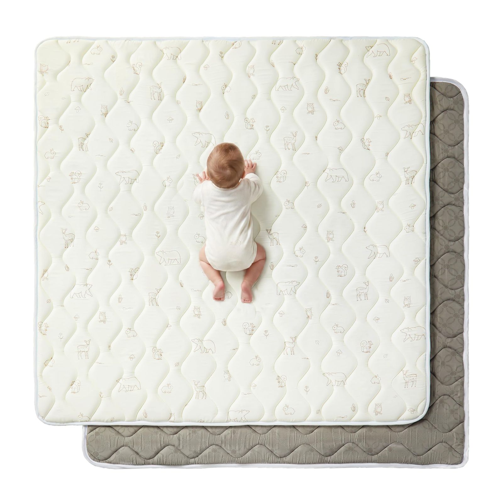 Fortella プレイマット ベビーマット 120×120cm 極厚2cm 防音 滑り止め 折りたたみ 赤ちゃん用 クッション 衝撃吸収 お昼寝マット プレイペン用 ベビーサークル用 北欧風 おしゃれ 圧縮梱包 出産祝い (フォレスト/ベー bd44a96d
