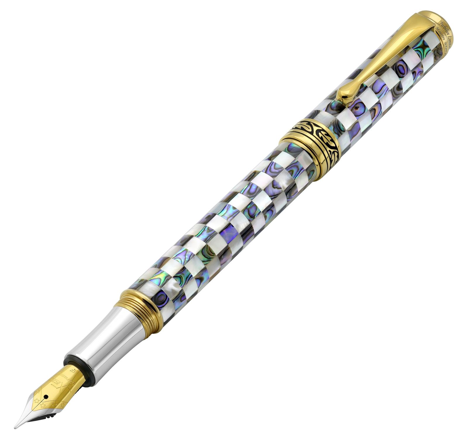 Xezo Maestro ジュビリー 万年筆 細学ペン先 市松模様の塩水白色真珠【Abalone Shell and White Mother of Pearl with Gold Fountain】