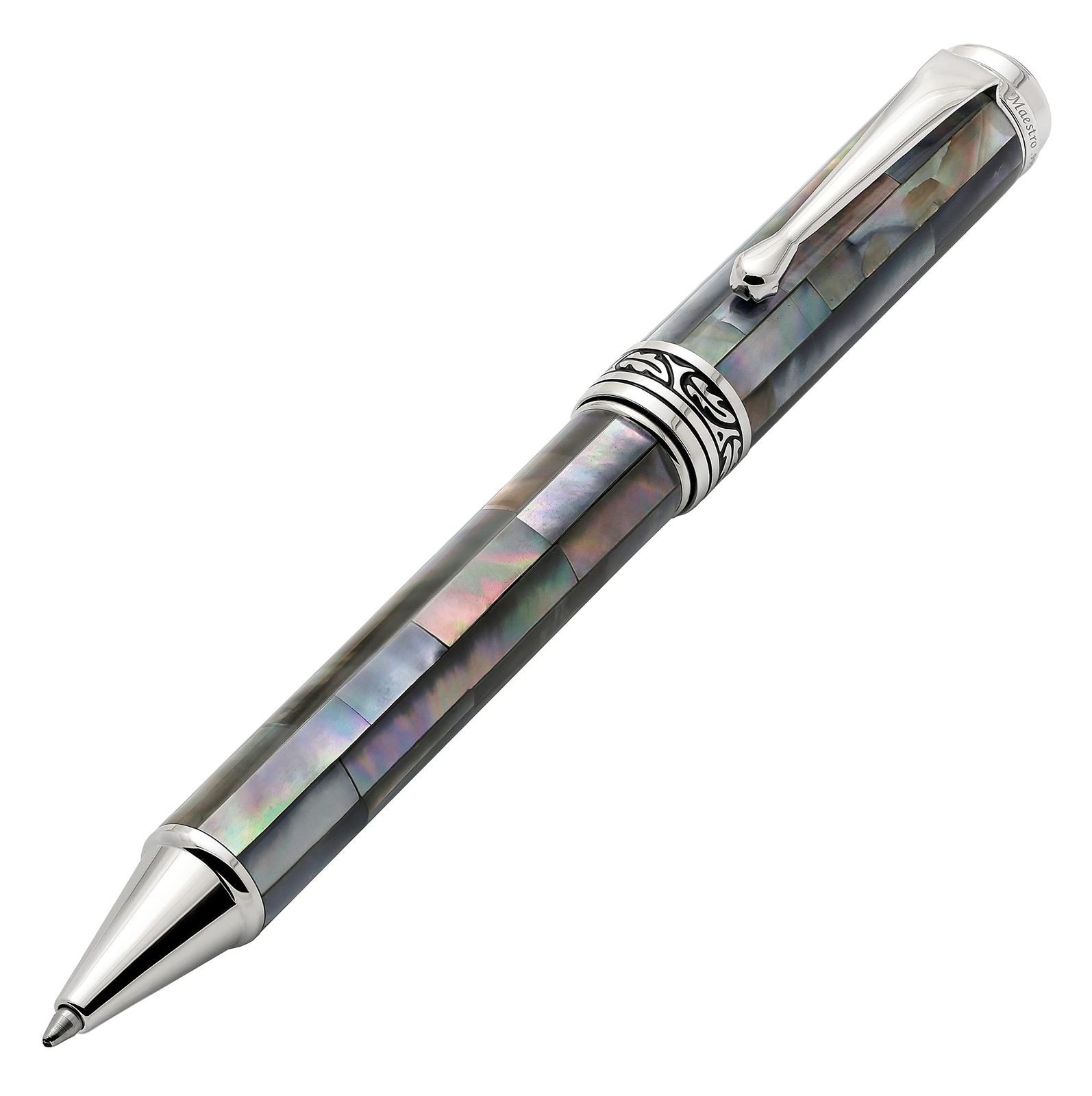 Xezo Maestro Twist Action Ballpoint Pen, Medium Point. Black Mother of Pearl with Platinum Plated.