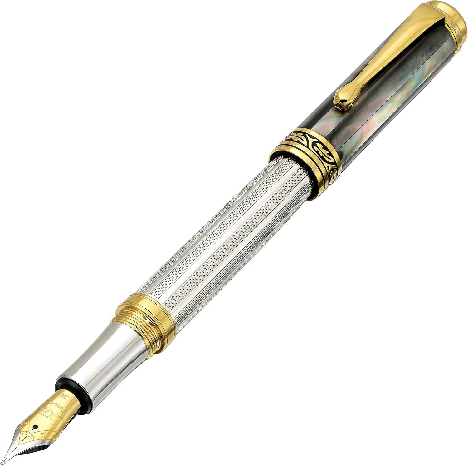 Xezo 万年筆 黒蝶貝 925スターリングシルバー 18K金メッキ パールマエストロ メデ【Black Mother of Pearl and Sterling Silver Rollerball】