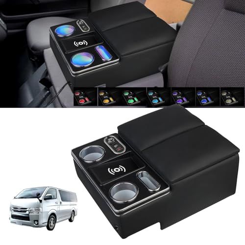 POWER PANDA 【ワイヤレス充電】トヨタ ハイエース 200系 VAN DX 専用 アームレスト レジアスエース 200系 バン DX コンソールボックス 呼吸ランプ 七色変換 LED雰囲気ライト ドリンクテーブル カップホルダー H 6e467c56