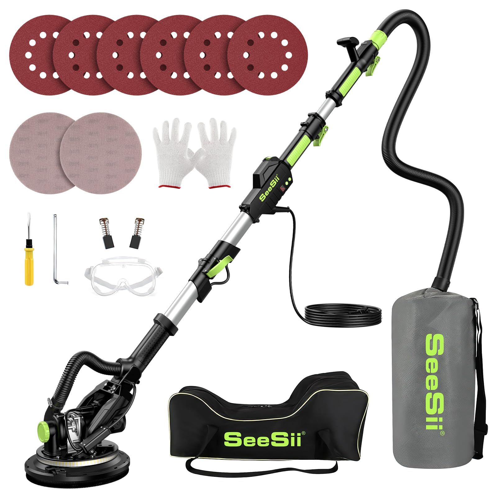 SEESII 電気ドライウォールサンダー 1200W ポールサンダー 伸縮式ポール 210cm調節可能 6段変速 2400 RPM LEDライト付き 自動集塵システム ロングダストホース 集塵袋 6枚のサンドペーパー 2枚の無塵サンドペーパー 29b454fe