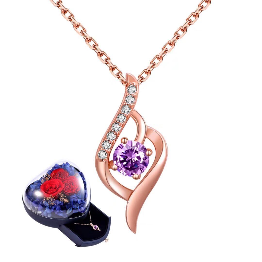 [sassu fine] 選べる誕生石 ネックレス プレシオサクリスタル（PRECIOSA）国際標準シルバー925 純銀製 レディースネックレス ローズ 枯れない花プリザーブド【02月ピンクゴールド】