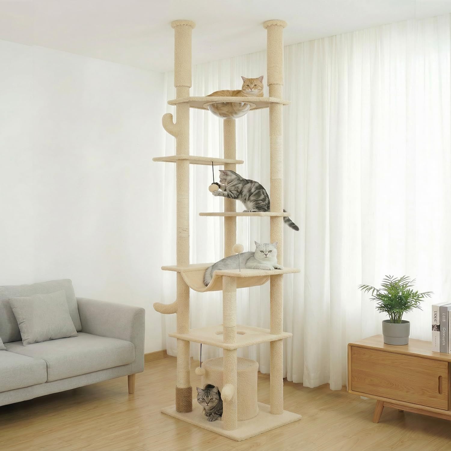 Footstep キャットタワー 猫タワー 突っ張り スリム 省スペース 据え置きタイプ 大型猫対応 多頭飼い 極太支柱 麻紐爪とぎ 宇宙船ハンモック付き ねこハウス ボンボン 組み立て簡単 据え置きタイプ 運動不足解消 高さ調整可能 235 99fef8ba