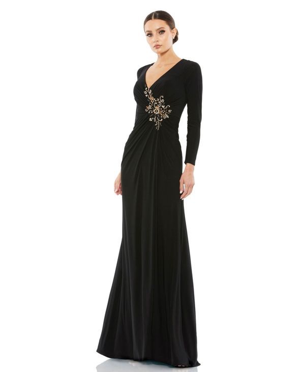 マックダガル レディース トップス ワンピース Mac Duggal Womens Faux Wrap Long Sleeve Gown w Applique Detail Black ブラック
