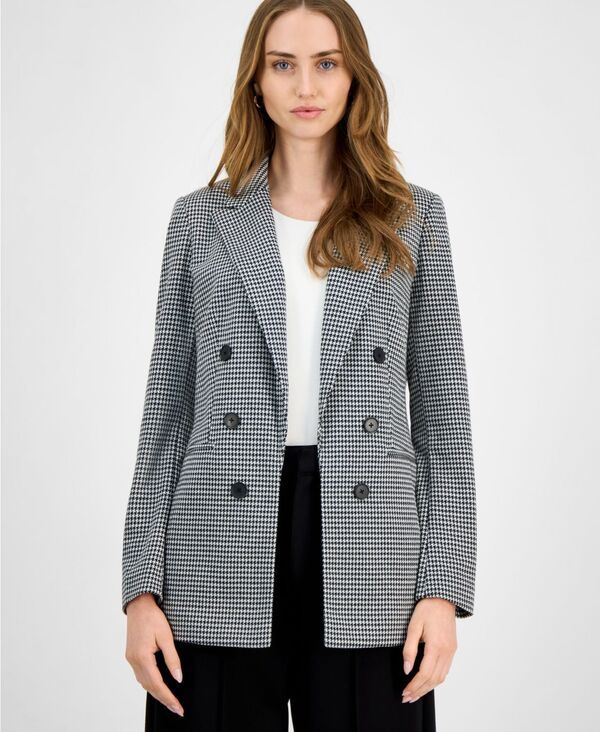 バースリー レディース アウター ジャケット・ブルゾン ジャケット Bar III Womens Houndstooth Faux DoubleBreasted Jacket Blackbar Whi